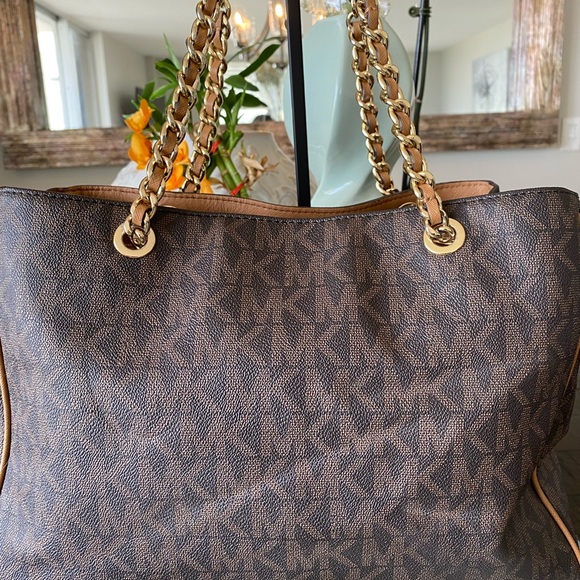🌺Michael Kors Signature Logo Tote & Wallet Set (Brown) w/Gold Hardware & Chain - Picture 3 of 16